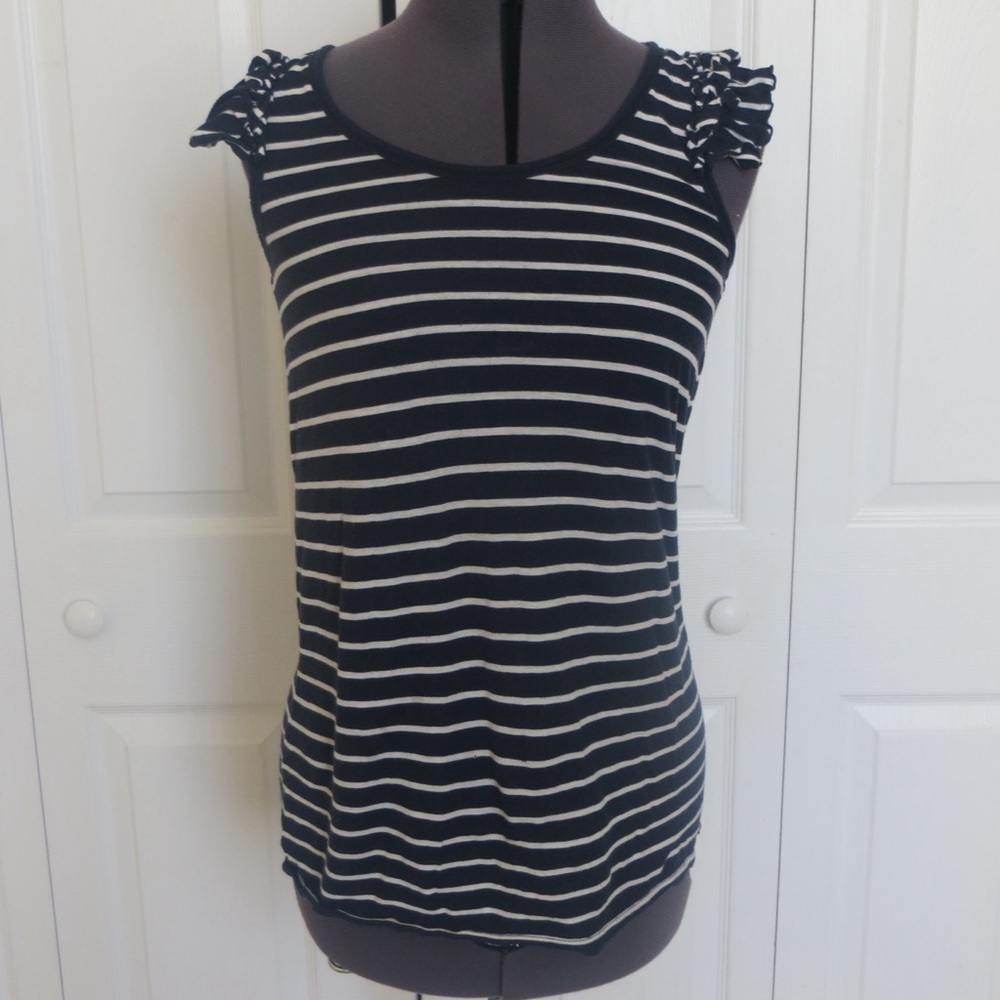 Juicy Navy Striped Tee with Ruffle Shoulder, Size P 🔴CLEARANCE🔴